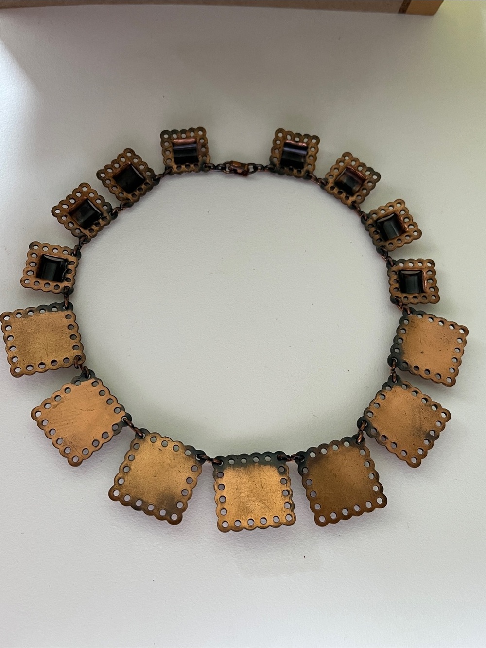 Vintage Mid-Century Copper Enamel Necklace Turquoise Speckled Squares 1950s - Picture 5 of 12